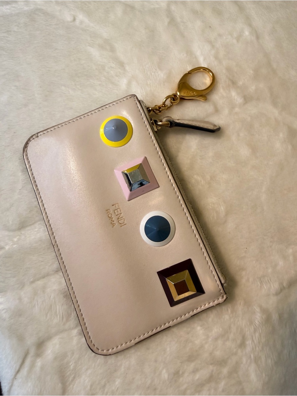Fendi Beige Leather Card/Key Holder with Multicolor Stud Accents
